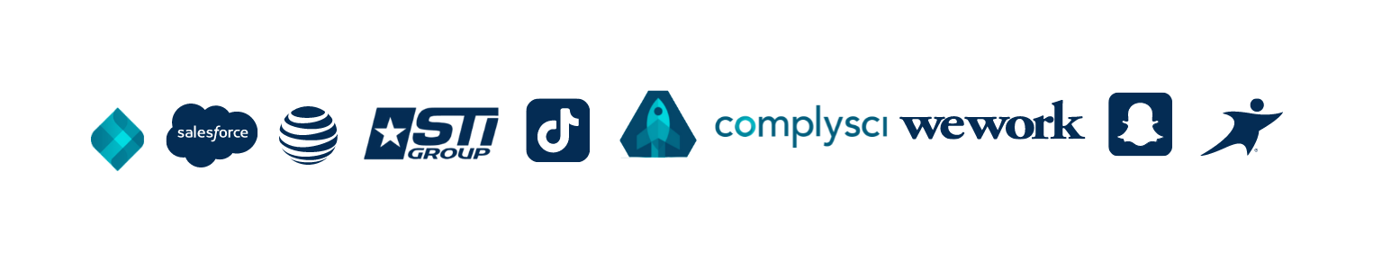 Client logos: Salesforce, AT&T, STI Group, TikTok, ComplySci, WeWork, Snapchat, and more